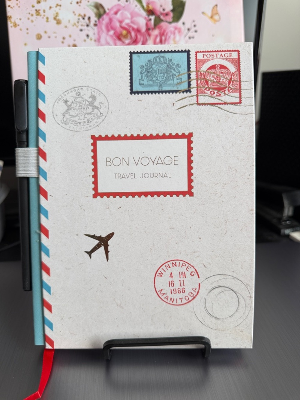Bon Voyage Travel Journal - Postal Stamp Design (White, Red, Blue)